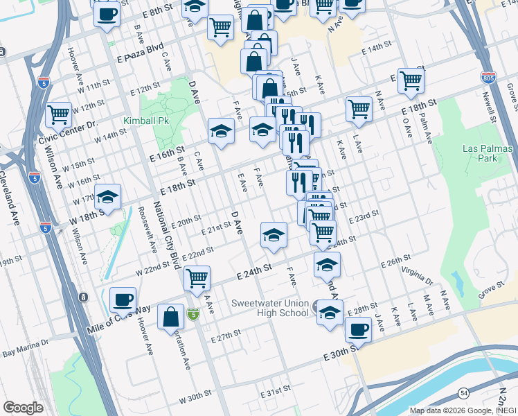 map of restaurants, bars, coffee shops, grocery stores, and more near 2031 E Avenue in National City