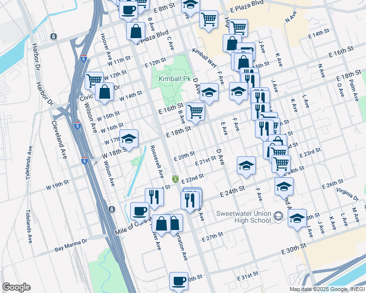 map of restaurants, bars, coffee shops, grocery stores, and more near 1915 A Avenue in National City