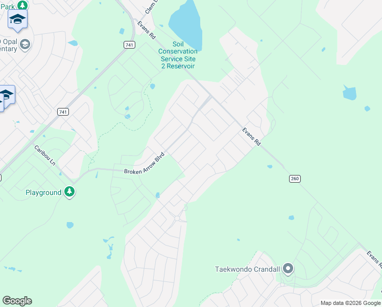 map of restaurants, bars, coffee shops, grocery stores, and more near 1720 Horizons Hill in Crandall
