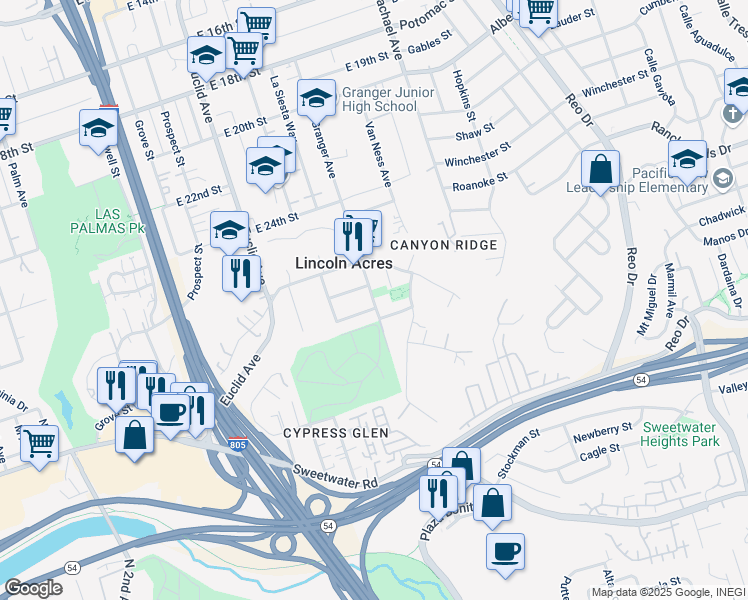 map of restaurants, bars, coffee shops, grocery stores, and more near 2725 Granger Avenue in National City
