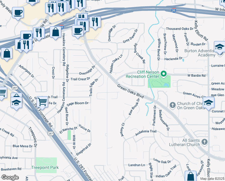 map of restaurants, bars, coffee shops, grocery stores, and more near 4909 Hidden Oaks Lane in Arlington