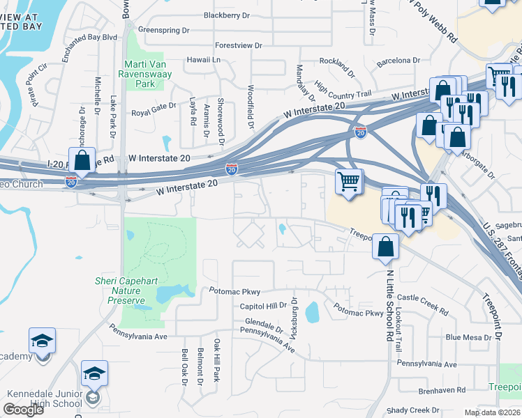 map of restaurants, bars, coffee shops, grocery stores, and more near 4908 Paces Trail in Arlington