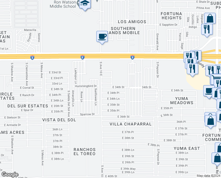 map of restaurants, bars, coffee shops, grocery stores, and more near 10163 East 34th Street in Yuma