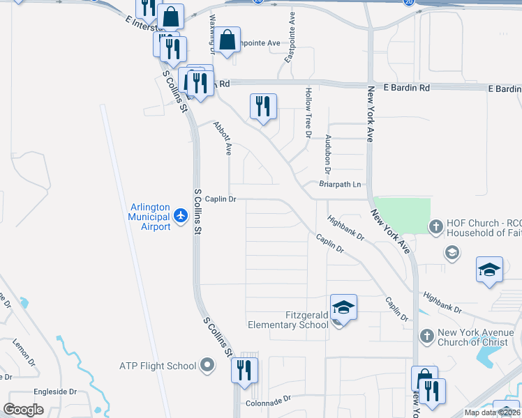 map of restaurants, bars, coffee shops, grocery stores, and more near 1426 Caplin Drive in Arlington