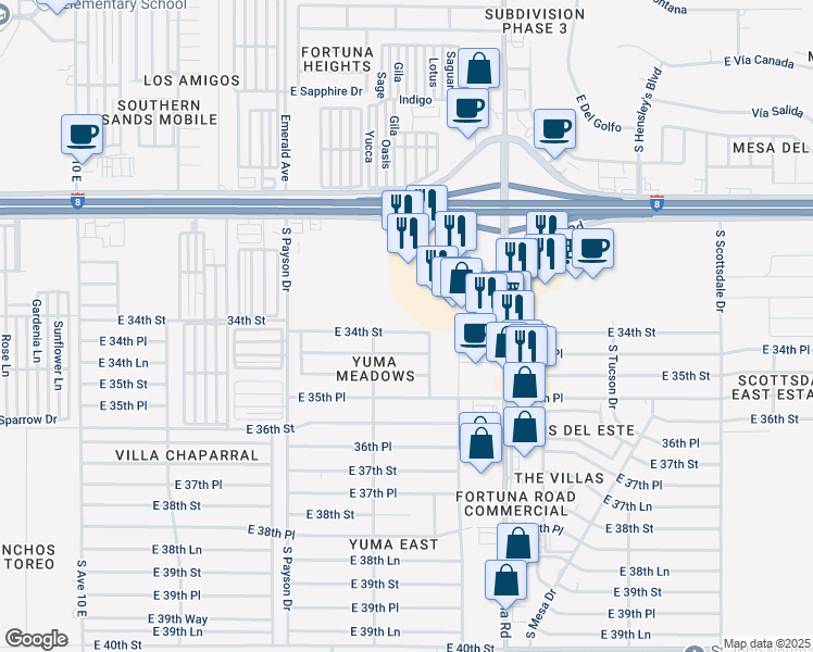 map of restaurants, bars, coffee shops, grocery stores, and more near 10720 East 34th Street in Yuma