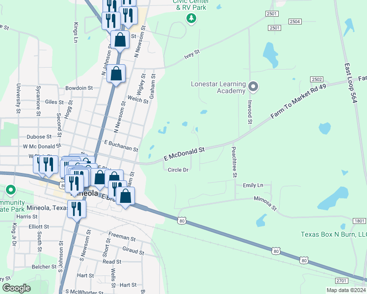map of restaurants, bars, coffee shops, grocery stores, and more near 803 East McDonald Street in Mineola