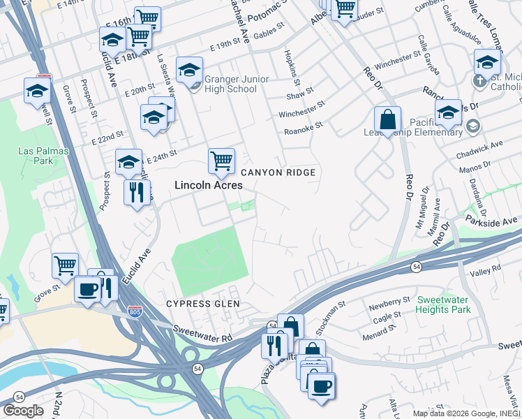 map of restaurants, bars, coffee shops, grocery stores, and more near 2926 Ridgeway Drive in National City