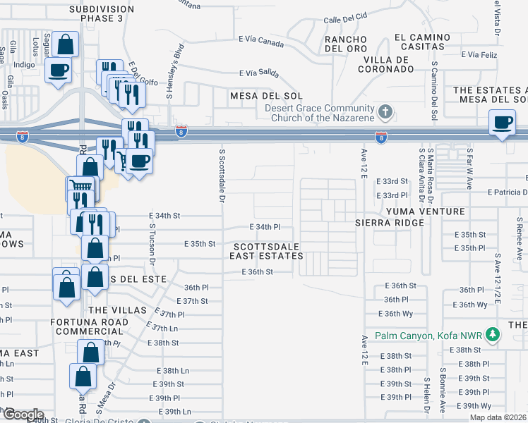 map of restaurants, bars, coffee shops, grocery stores, and more near 11606 East 33rd Way in Yuma