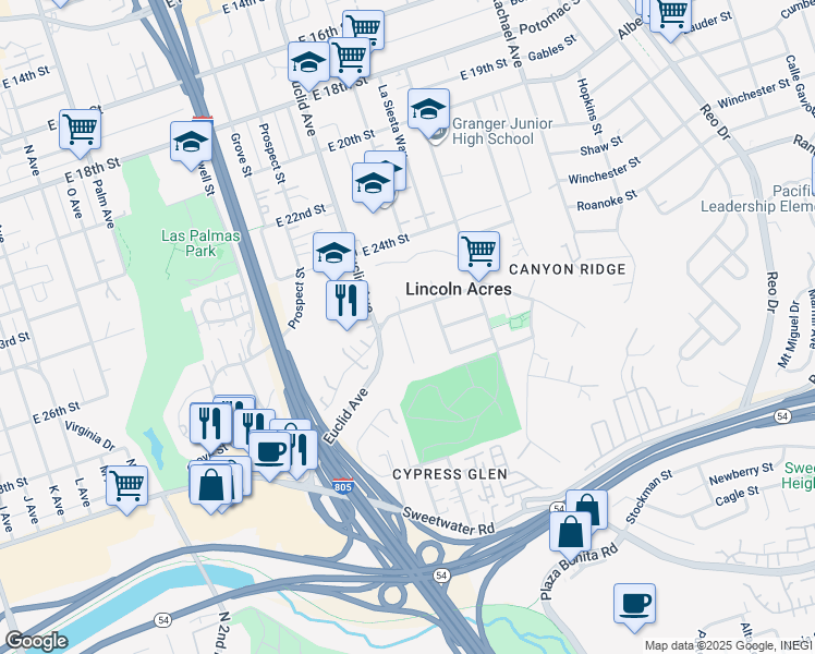 map of restaurants, bars, coffee shops, grocery stores, and more near 2605 Ridgeway Drive in National City