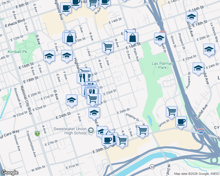 map of restaurants, bars, coffee shops, grocery stores, and more near 2206 L Avenue in National City