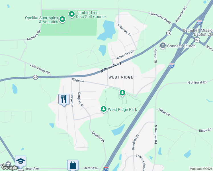 map of restaurants, bars, coffee shops, grocery stores, and more near 1599 Ridge Road in Opelika