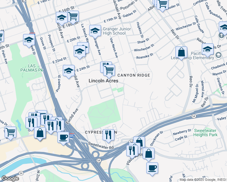map of restaurants, bars, coffee shops, grocery stores, and more near 2725 Granger Avenue in National City