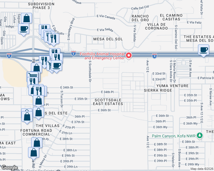 map of restaurants, bars, coffee shops, grocery stores, and more near 11606 East 33rd Way in Yuma