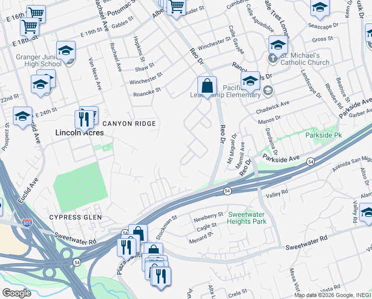 map of restaurants, bars, coffee shops, grocery stores, and more near 5783 Sedgewick Street in San Diego