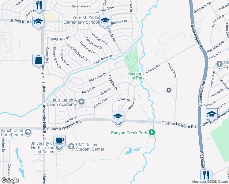 map of restaurants, bars, coffee shops, grocery stores, and more near 1547 Duet Drive in Dallas
