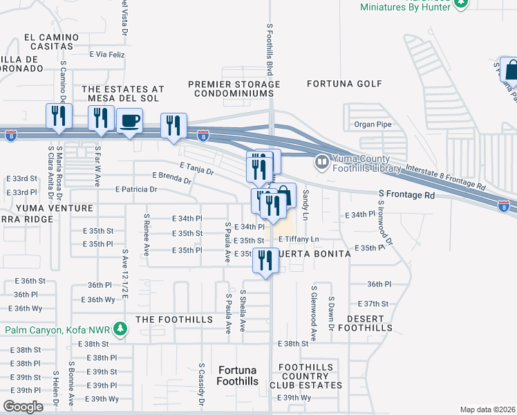 map of restaurants, bars, coffee shops, grocery stores, and more near 11277-11299 South Tanja Drive in Yuma