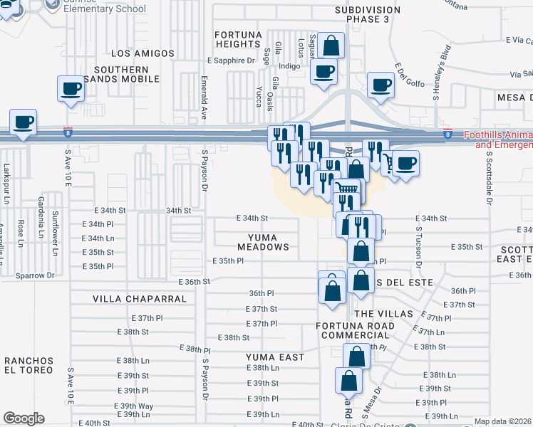 map of restaurants, bars, coffee shops, grocery stores, and more near 10742 East 34th Street in Yuma