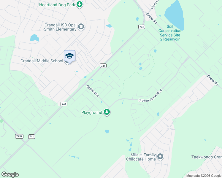 map of restaurants, bars, coffee shops, grocery stores, and more near Harwell Drive in Crandall