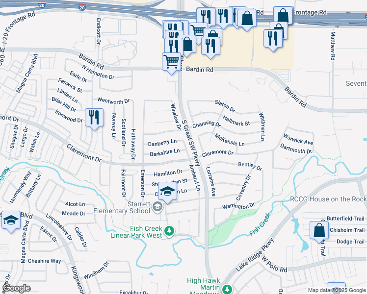 map of restaurants, bars, coffee shops, grocery stores, and more near 4209 Amherst Lane in Grand Prairie