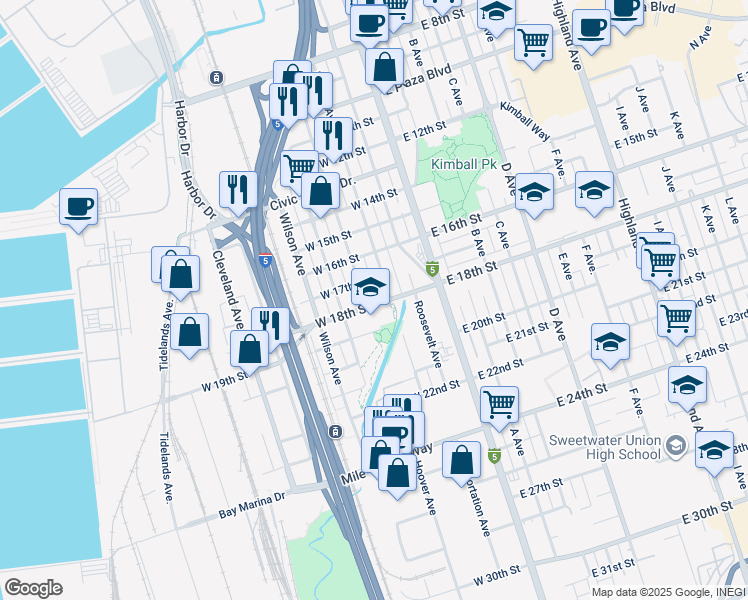 map of restaurants, bars, coffee shops, grocery stores, and more near 1713 Coolidge Avenue in National City
