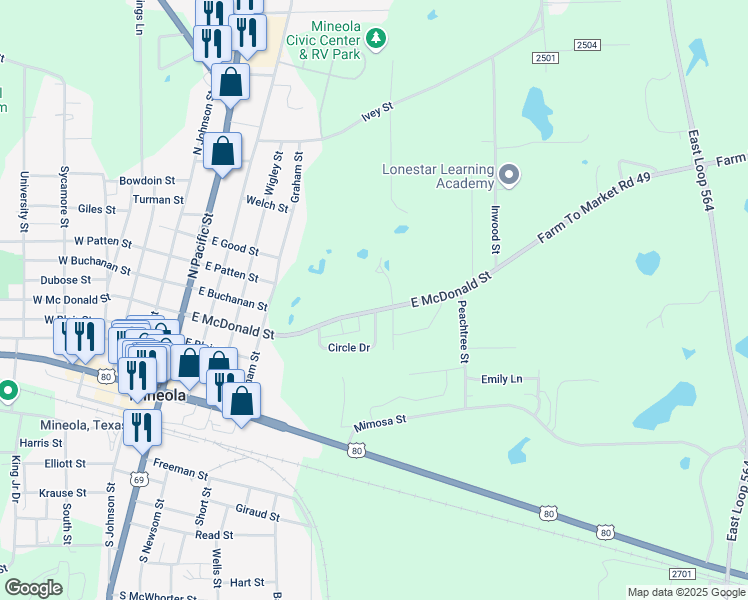 map of restaurants, bars, coffee shops, grocery stores, and more near 831 East McDonald Street in Mineola
