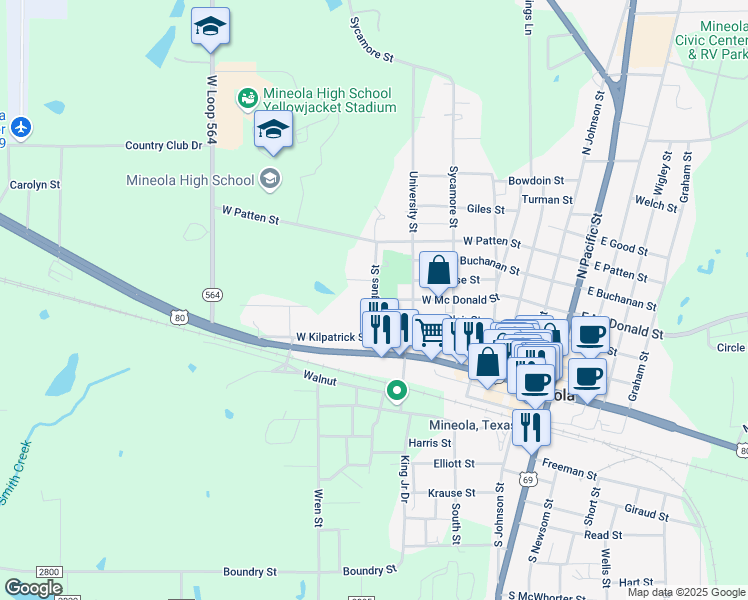 map of restaurants, bars, coffee shops, grocery stores, and more near 401-499 Pegues St in Mineola
