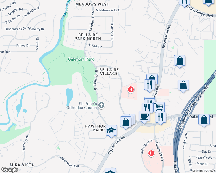 map of restaurants, bars, coffee shops, grocery stores, and more near 7364 Brightwater Road in Fort Worth
