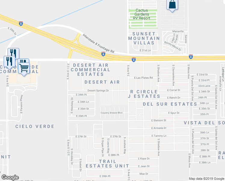 map of restaurants, bars, coffee shops, grocery stores, and more near 11448 South Prickly Pear Lane in Yuma