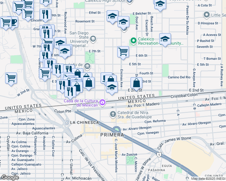 map of restaurants, bars, coffee shops, grocery stores, and more near 700 East 2nd Street in Calexico