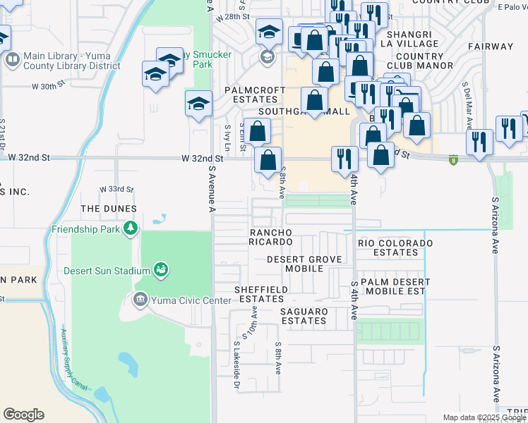 map of restaurants, bars, coffee shops, grocery stores, and more near 661 East 32nd Street in Yuma