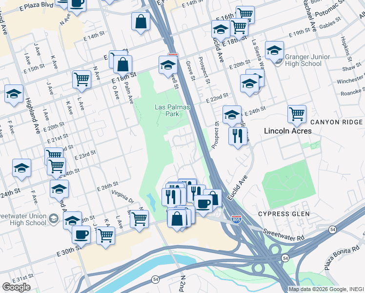 map of restaurants, bars, coffee shops, grocery stores, and more near 1908 Via Las Palmas in National City
