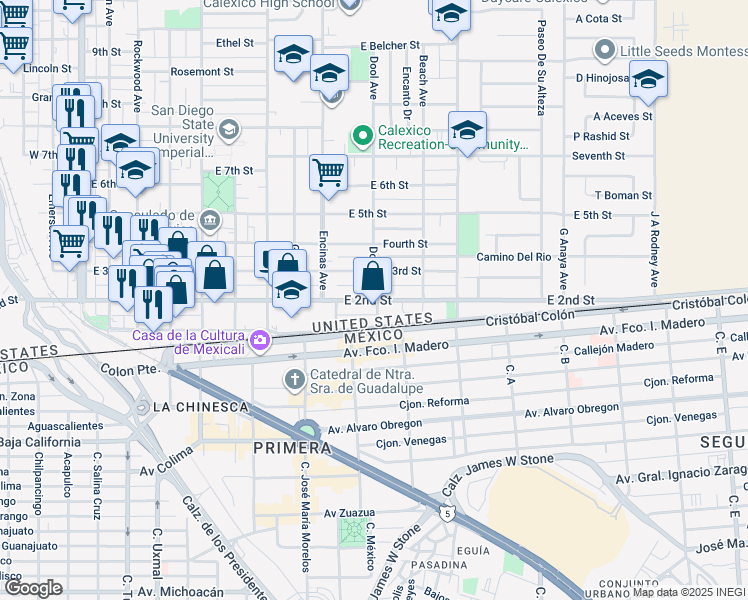 map of restaurants, bars, coffee shops, grocery stores, and more near East 2nd Street in Calexico