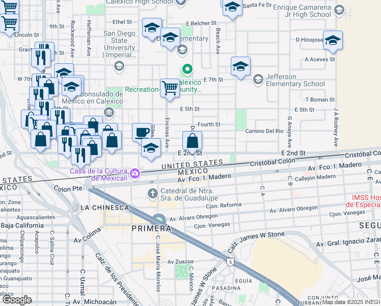 map of restaurants, bars, coffee shops, grocery stores, and more near East 2nd Street in Calexico