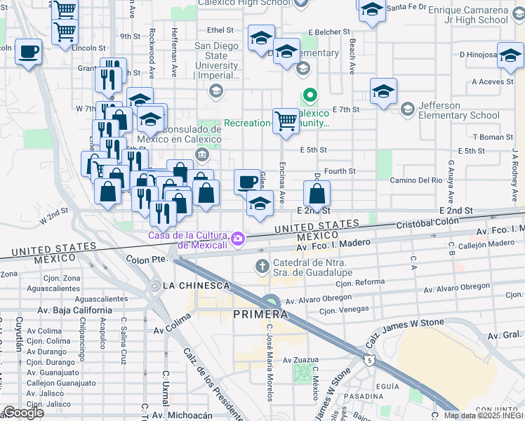 map of restaurants, bars, coffee shops, grocery stores, and more near 700 East 2nd Street in Calexico