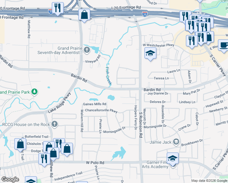 map of restaurants, bars, coffee shops, grocery stores, and more near 863 Ridgecrest Road in Grand Prairie