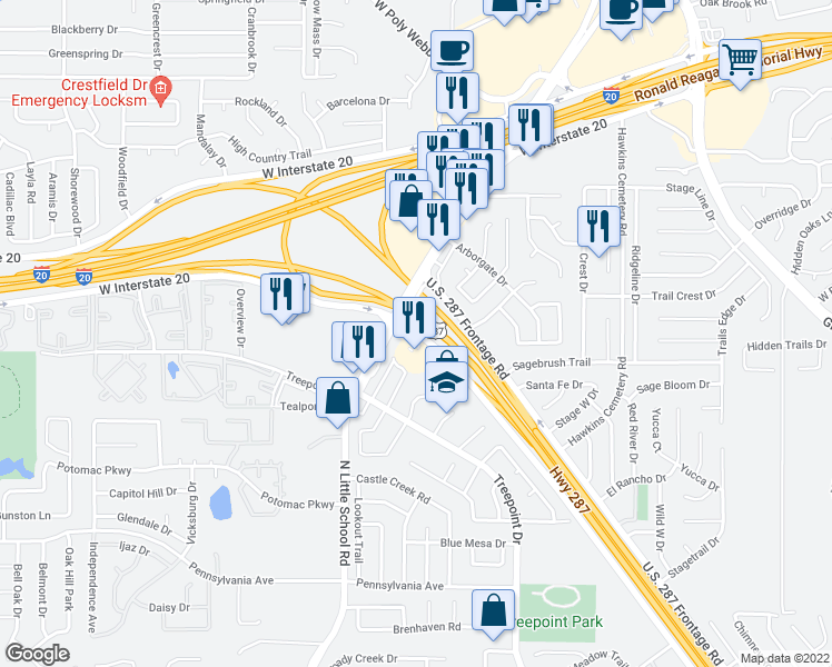 map of restaurants, bars, coffee shops, grocery stores, and more near 4880 U.S. 287 in Arlington