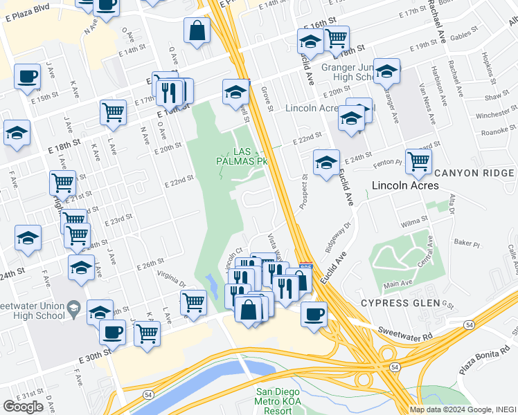 map of restaurants, bars, coffee shops, grocery stores, and more near 1905 Via Las Palmas in National City
