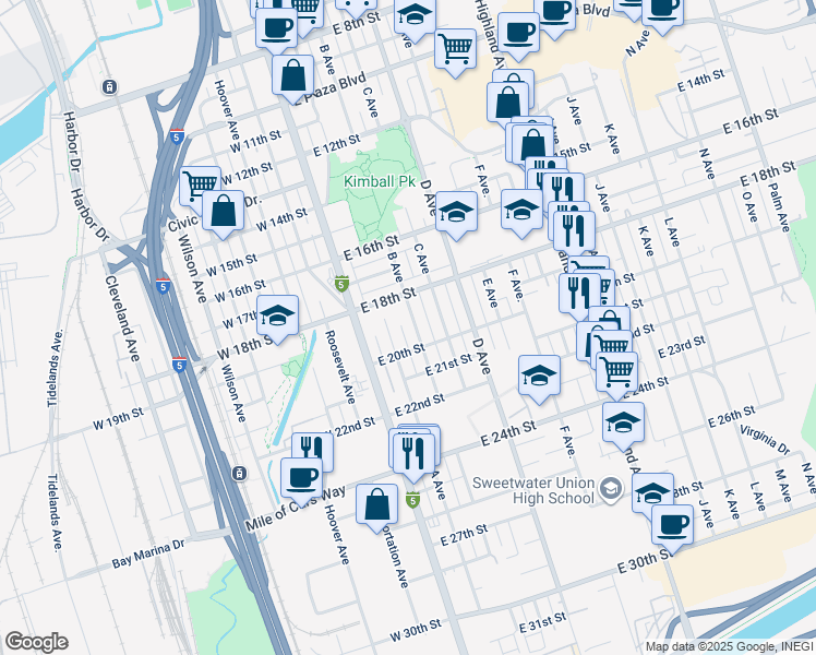 map of restaurants, bars, coffee shops, grocery stores, and more near 1837 A Avenue in National City