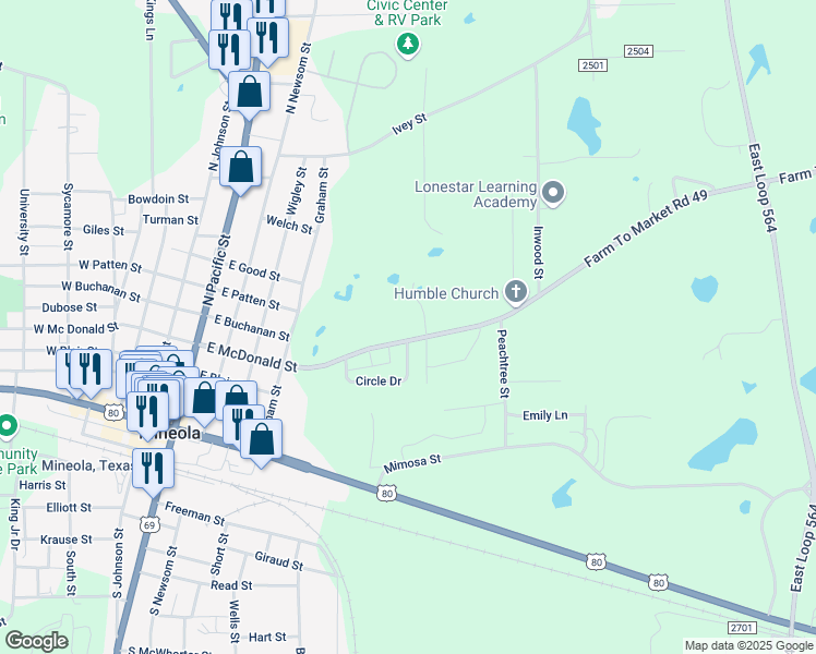 map of restaurants, bars, coffee shops, grocery stores, and more near 803 East McDonald Street in Mineola