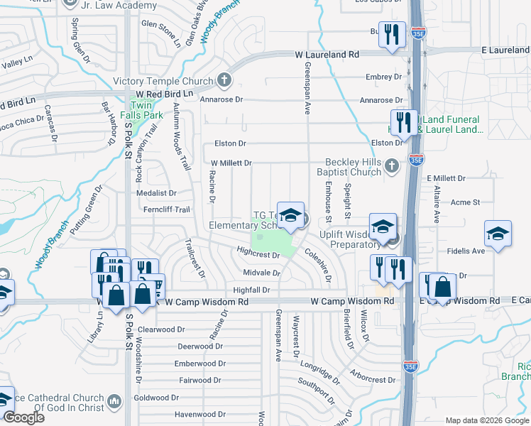map of restaurants, bars, coffee shops, grocery stores, and more near 6628 Meade Street in Dallas