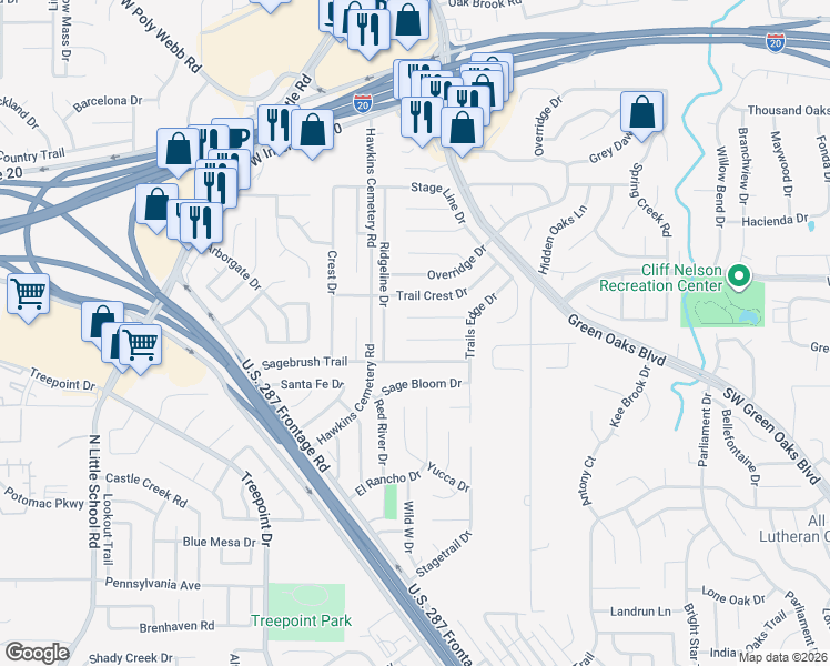 map of restaurants, bars, coffee shops, grocery stores, and more near 5714 Trails Edge Court in Arlington