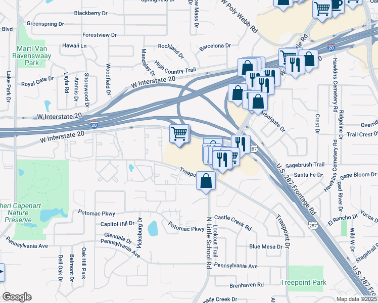 map of restaurants, bars, coffee shops, grocery stores, and more near 4880 U.S. 287 in Arlington