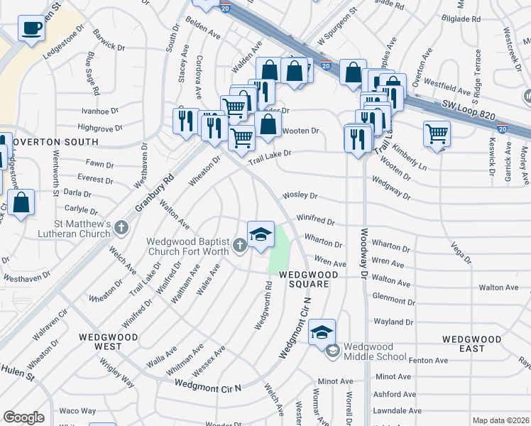 map of restaurants, bars, coffee shops, grocery stores, and more near 5437 Whitman Avenue in Fort Worth