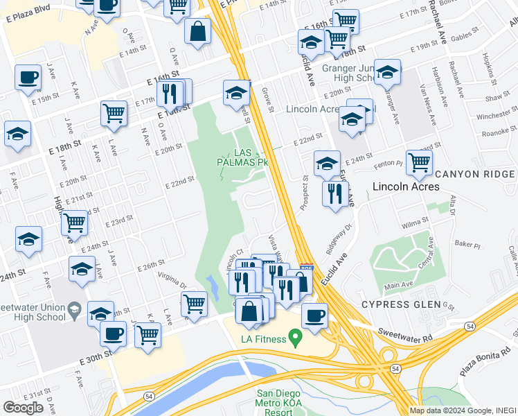 map of restaurants, bars, coffee shops, grocery stores, and more near 1908 Via Las Palmas in National City