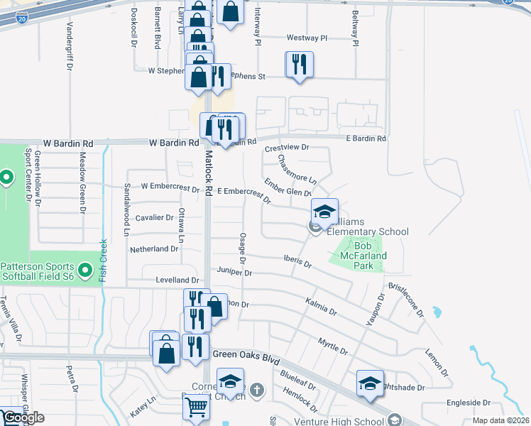 map of restaurants, bars, coffee shops, grocery stores, and more near 4907 Hibiscus Drive in Arlington
