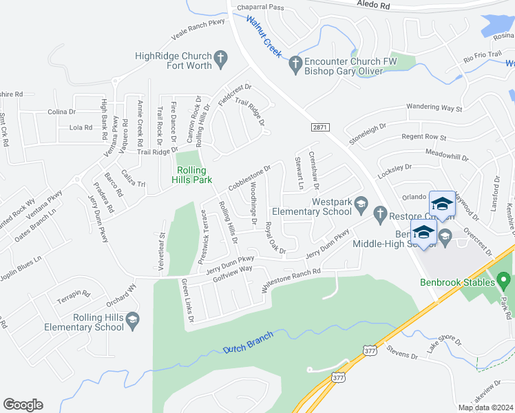 map of restaurants, bars, coffee shops, grocery stores, and more near 7205 Woodhinge Drive in Benbrook