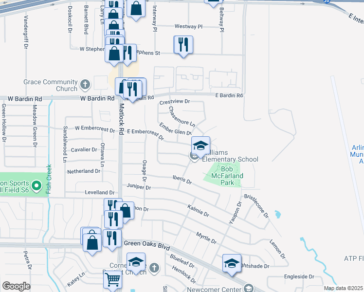 map of restaurants, bars, coffee shops, grocery stores, and more near 228 East Embercrest Drive in Arlington
