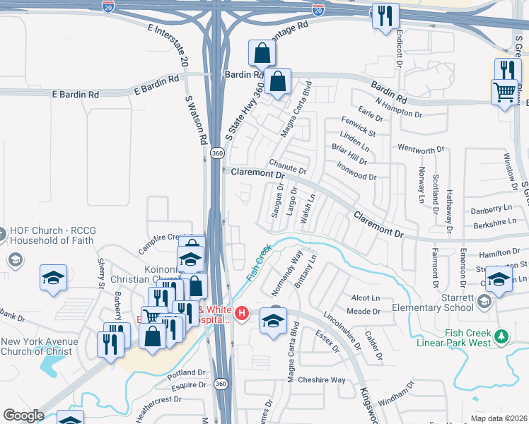 map of restaurants, bars, coffee shops, grocery stores, and more near 4354 Metronome Drive in Grand Prairie