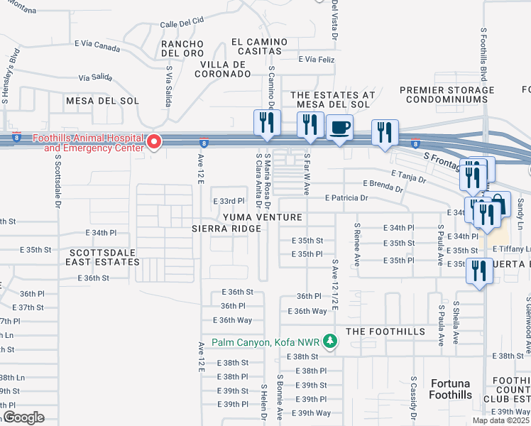 map of restaurants, bars, coffee shops, grocery stores, and more near 11288 South Maria Rosa Drive in Yuma
