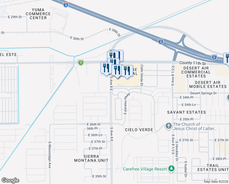 map of restaurants, bars, coffee shops, grocery stores, and more near 3325 South Avenue 8 East in Yuma